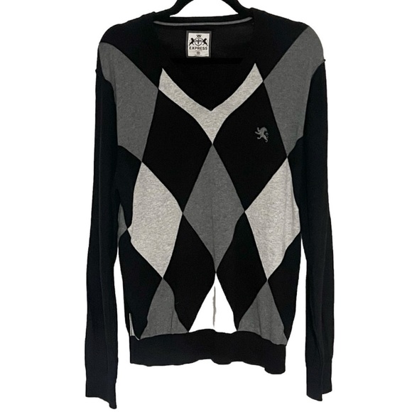 Express Men’s V Neck Argyle Cotton Sweater Long Sleeve Black Gray Pullover M - Picture 1 of 7